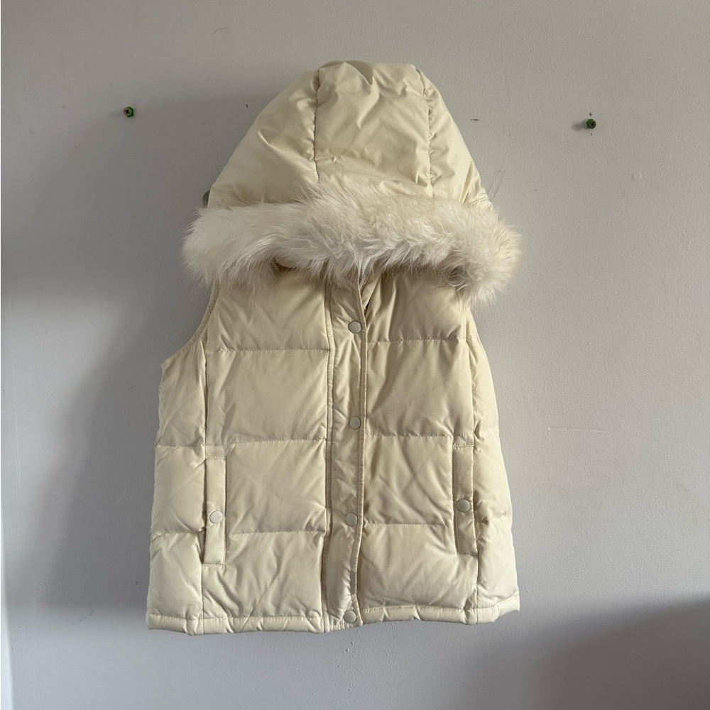 GAP Cream Hooded Puffer Vest with Faux Fur